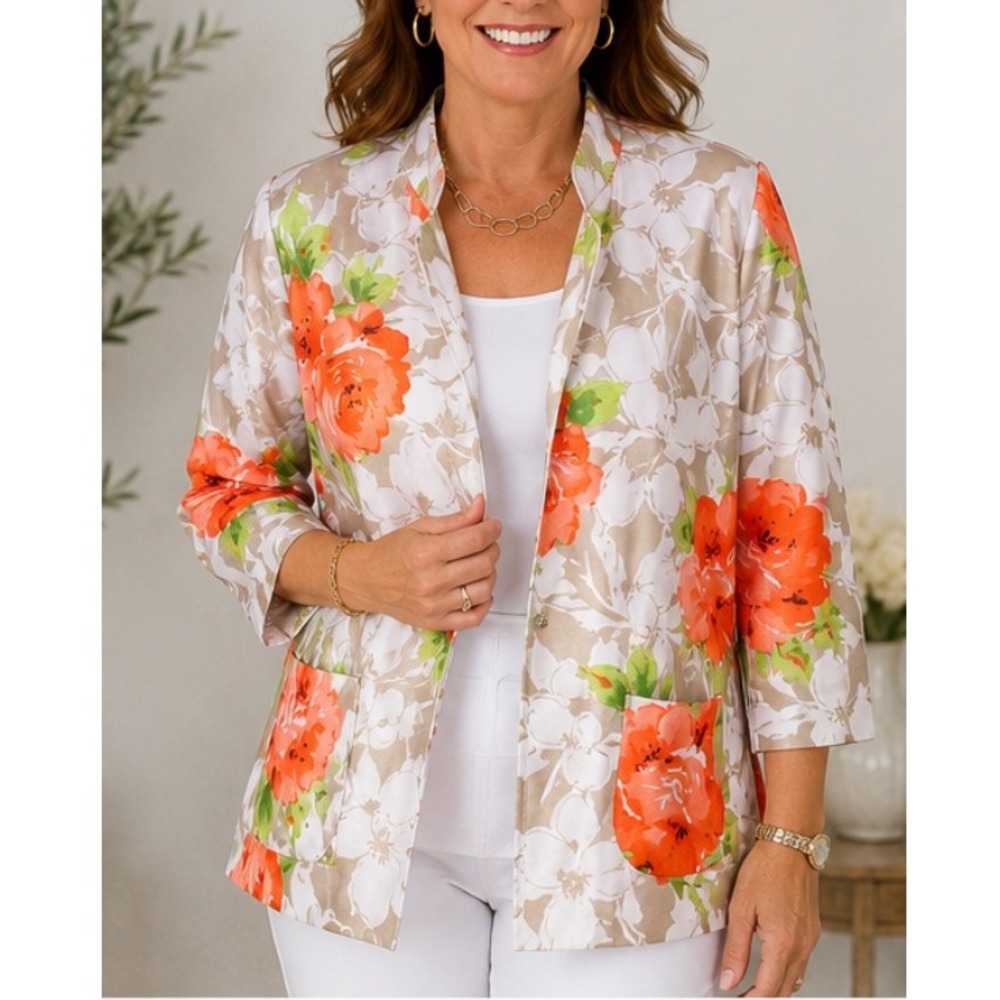 Susan Graver Womens 1X Floral Blazer Orange Tan Open Front Stand Collar Jacket